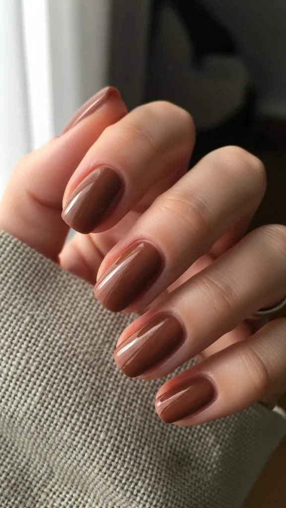 Glossy Mocha Almond Nails for Warm, Neutral Vibes