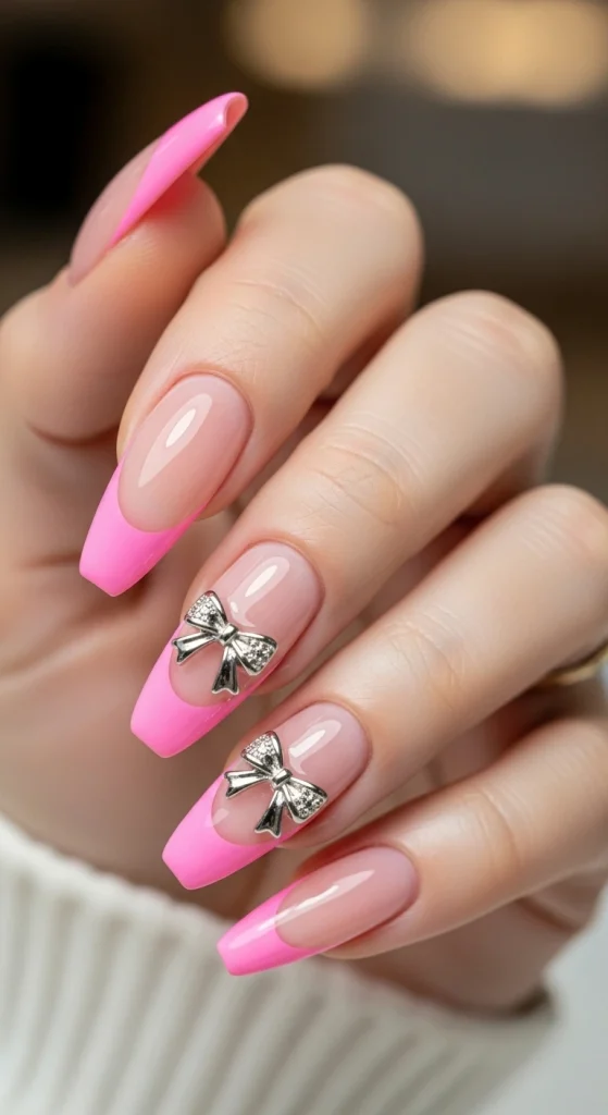 Glossy Pink French Tips with Bow Charms
