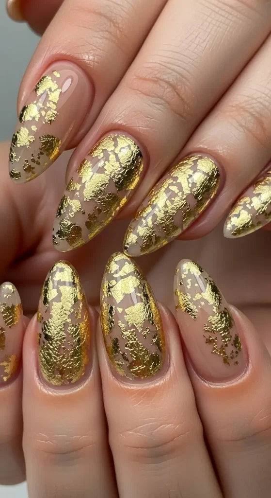 Gold Foil Art on Nude Nails