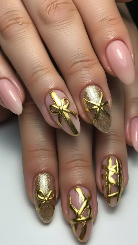 Gold Ribbon Nails for a Gift-Inspired Look