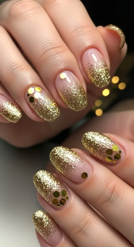 Gold and Champagne Glitter Nails for a Touch of Celebration