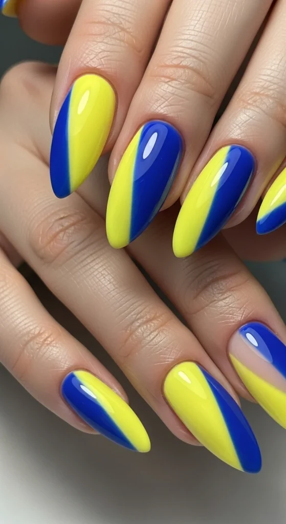 Half-and-Half Lemon and Blue Split Nails