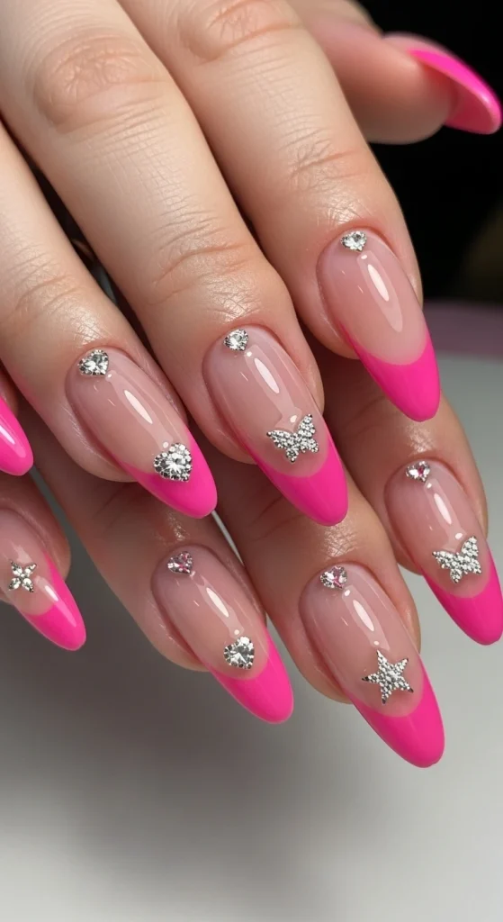 Hot Pink French Tips with Rhinestone Charms
