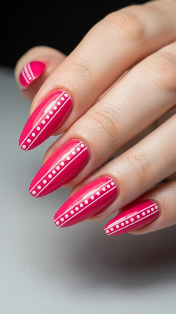 Hot Pink Nails with Minimal Dot Lines