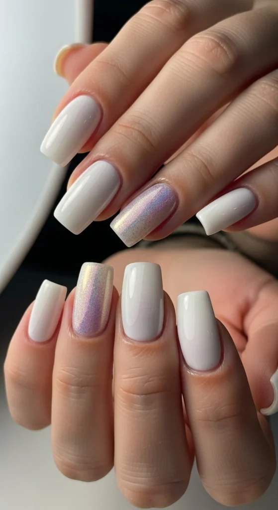 Marshmallow White Nails With Soft Chrome Dust