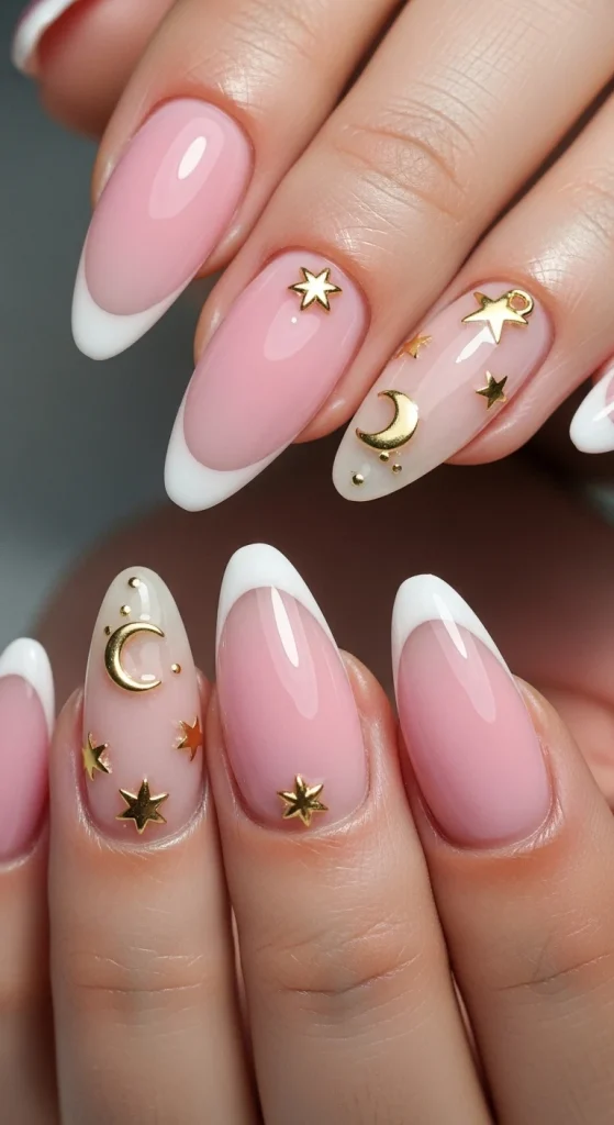 Matte Pink French Tips with Gold Charms