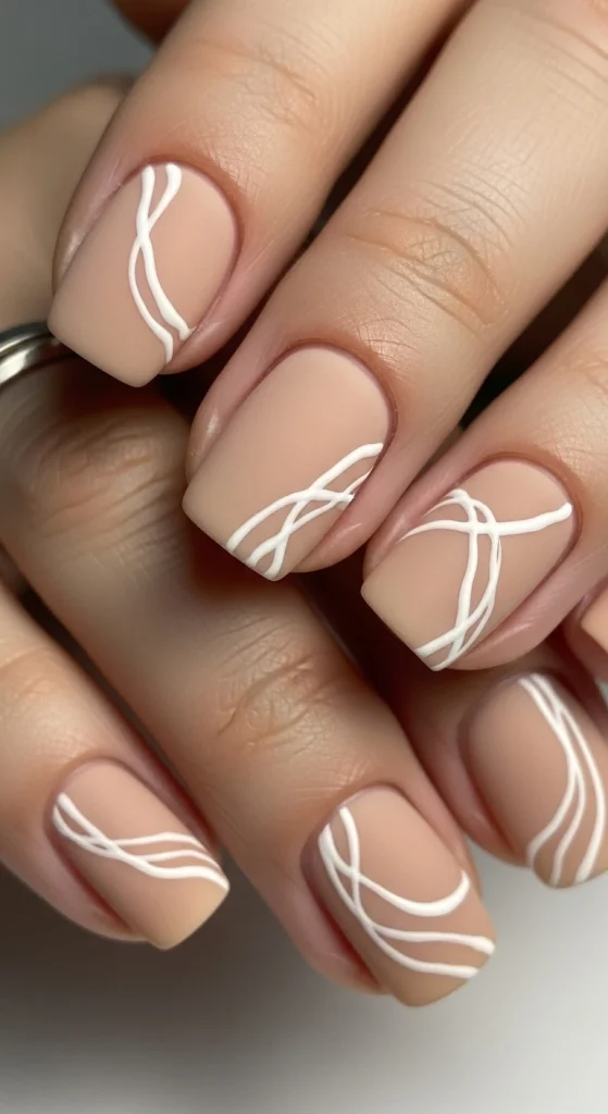 Minimal White Swirls on Sand-Colored Polish