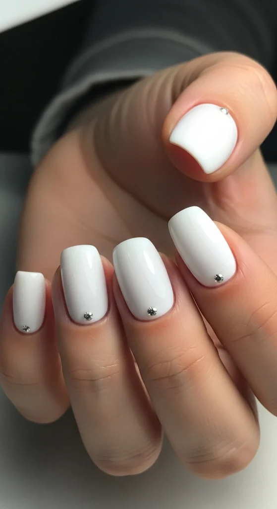 Minimalist White Nails with Delicate Gems