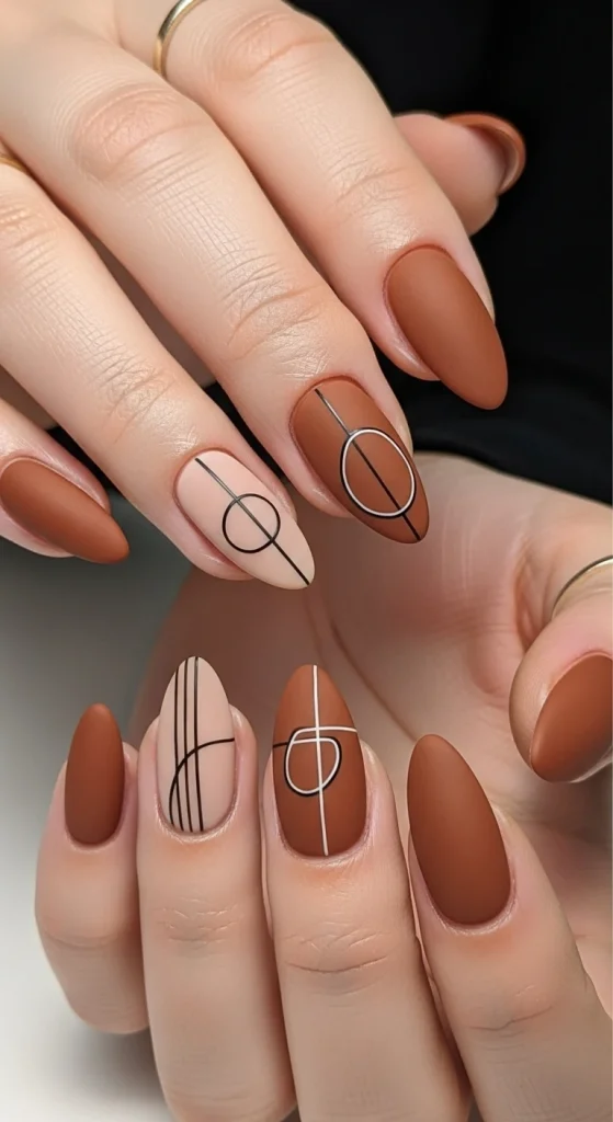 Minimalistic Line Art on Brown Nails