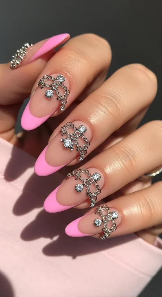 Nude and Pink French Tips with Chain Charms