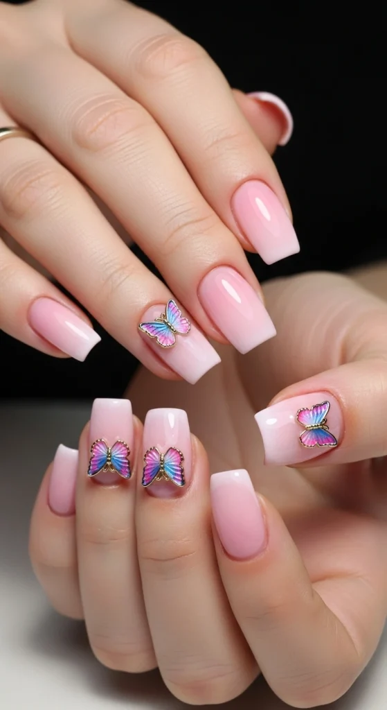Ombre Pink French Tips with Butterfly Charms