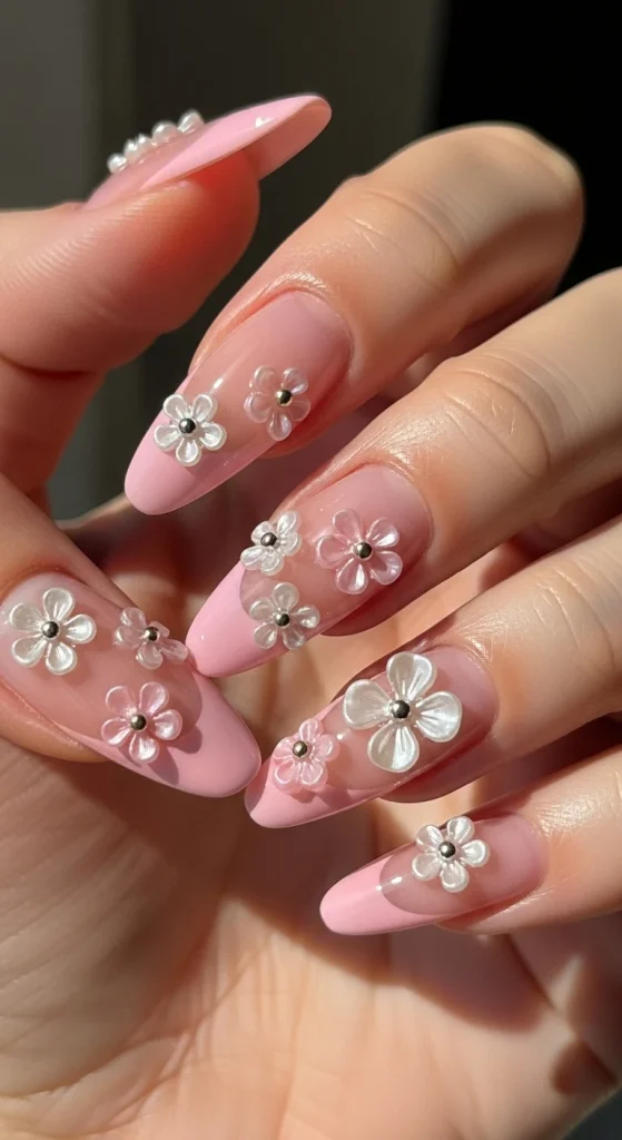 Pastel Pink French Tips with Flower Charms