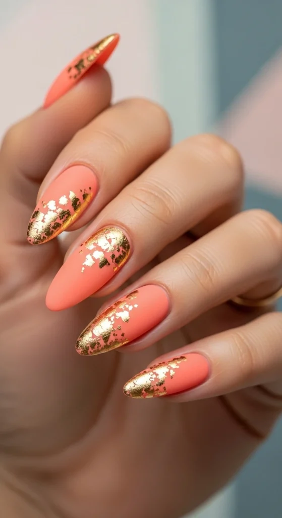 Peach Coral Nails with Gold Foil Accents