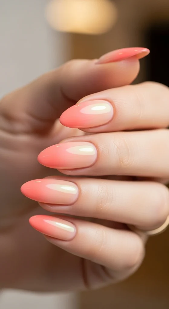 Peach Coral Ombre Nails with a Soft Fade