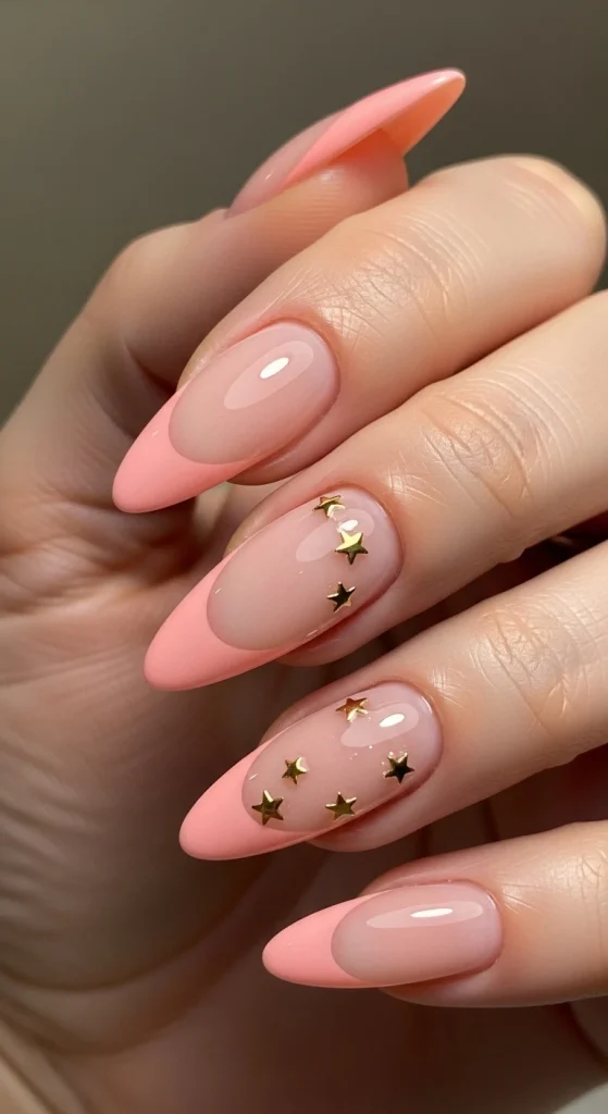 Peachy Pink French Tips with Starry Charms