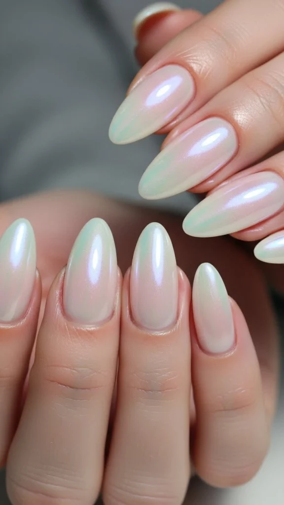 Pearl-Sheen Almond Nails for a Soft Glow