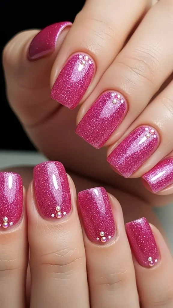 Pink Glitter Nails with Subtle Dot Highlights