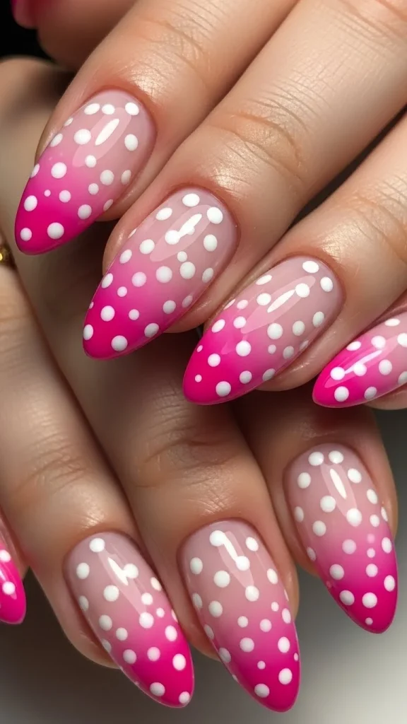Pink Ombre Nails with Scattered White Dots