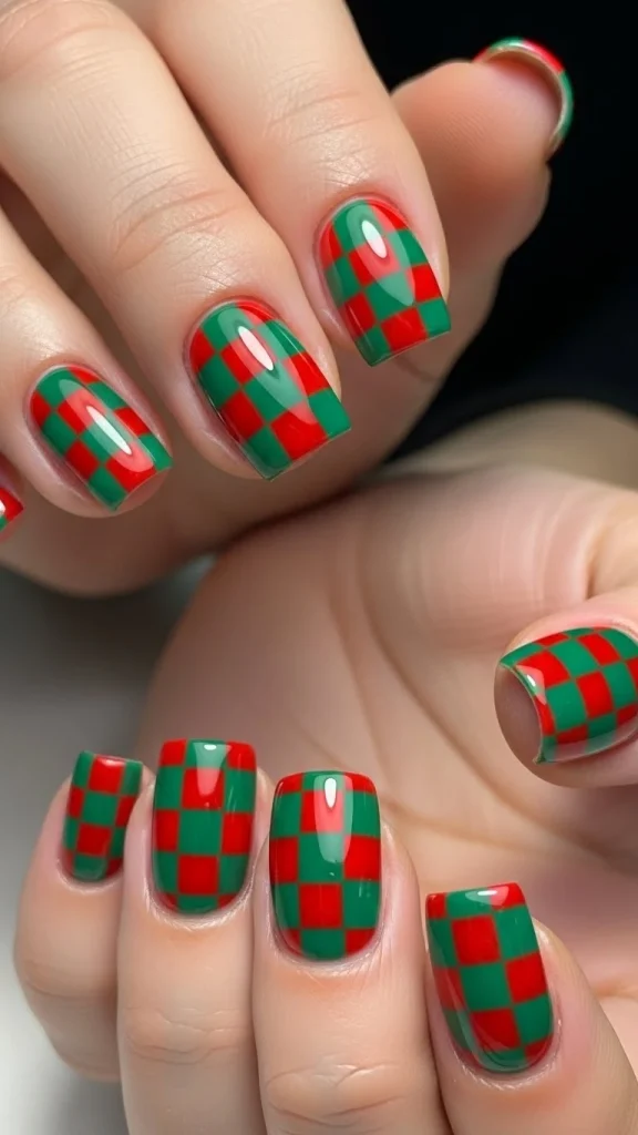 Red and Green Checkerboard Nails