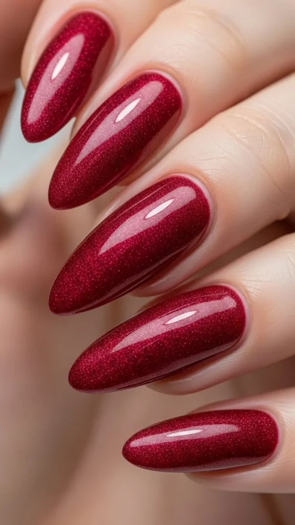 Ruby Red Frost Nails with a Smooth, Glossy Finish