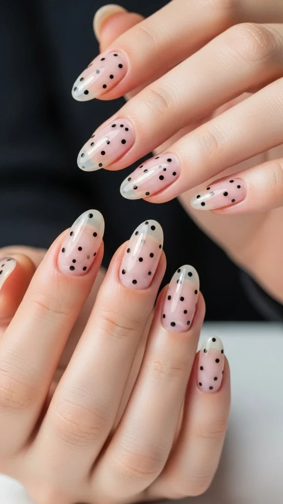 Sheer Nails with Softly Placed Black Dots