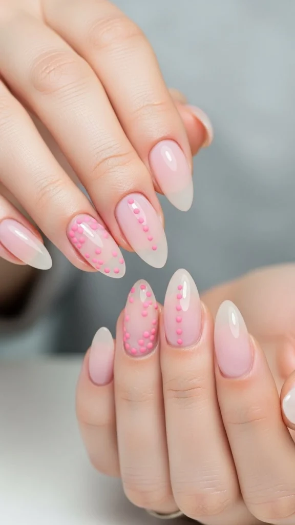 Sheer Pink Nails with Matte Dot Details