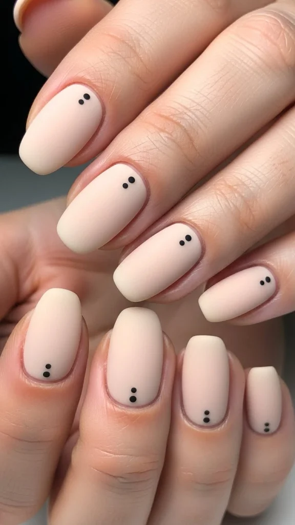 Soft Beige Nails with Delicate Black Dots