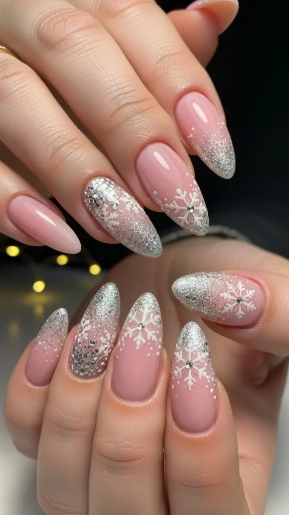 Soft Pink Holiday Nails with Sparkling Snow Accents