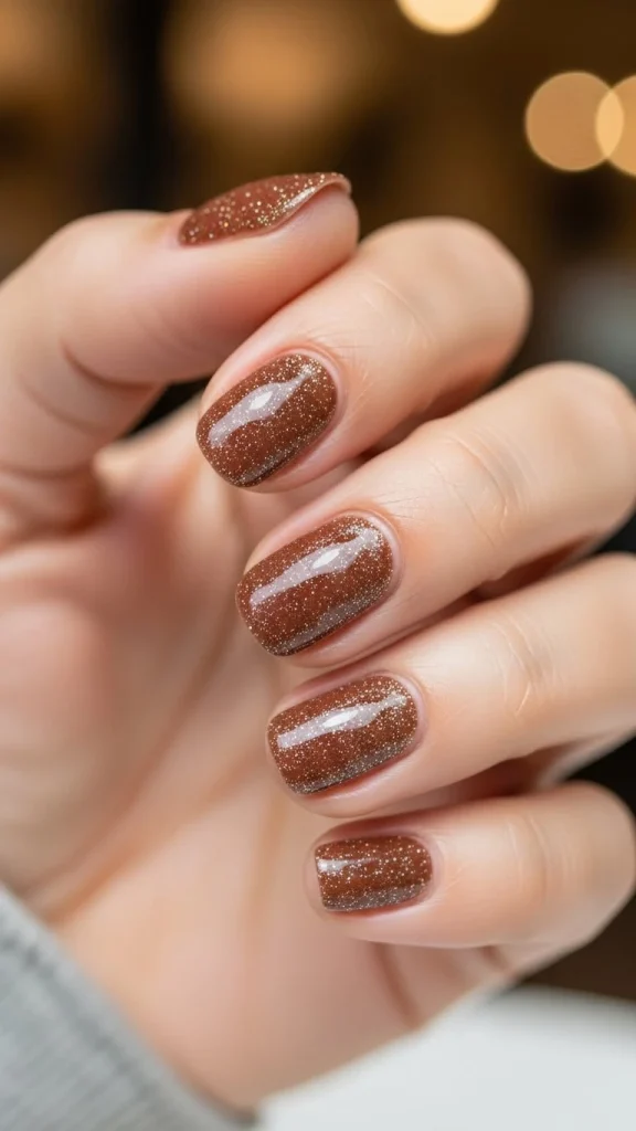 Warm Cocoa Nails with Subtle Glitter Specks