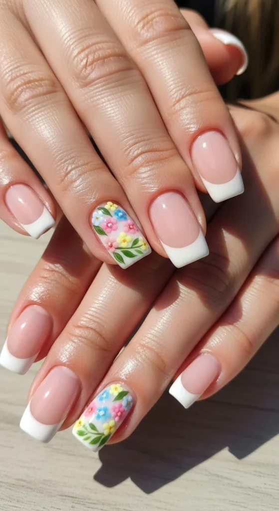 White French Tips with Petite Wildflower Clusters