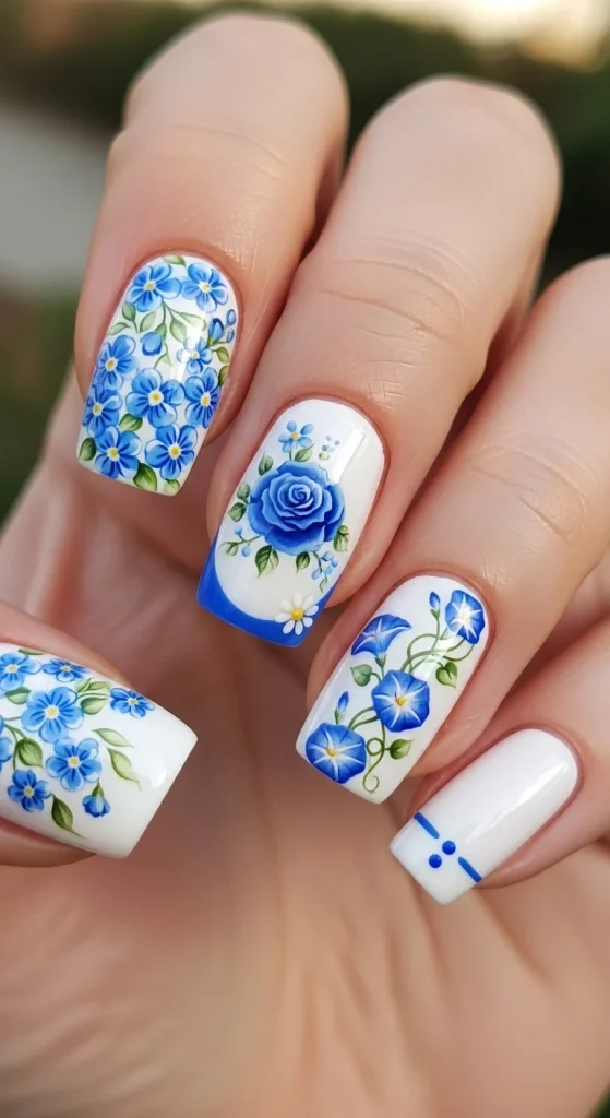 White Gloss Nails with Blue Garden Accents