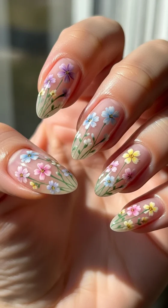 Wildflowers on Almond Nails for a Soft, Feminine Finish