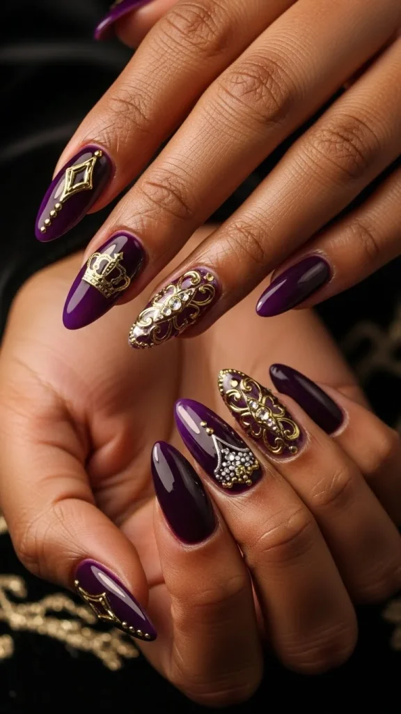Deep Purple Nails with a Regal Touch