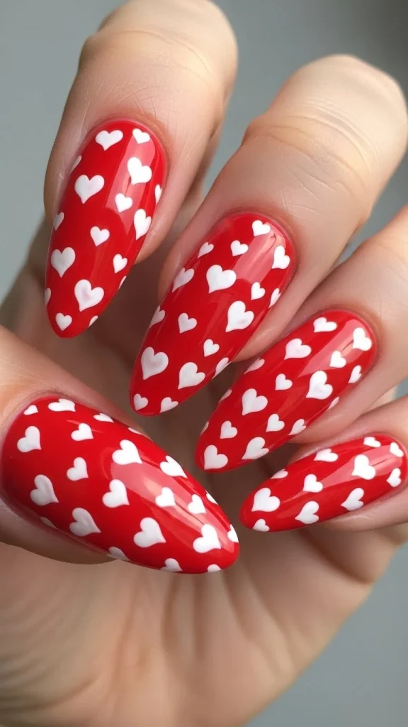 Glossy Red Nails with Heart Accents