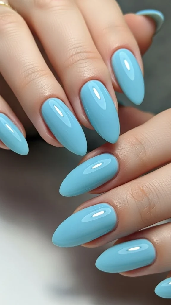 Icy Blue Nails with a Sleek Gloss Finish