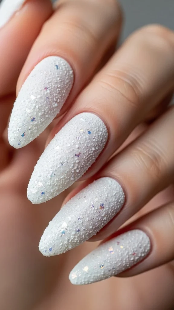 Milky White Nails with Snowy TextureMilky White Nails with Snowy Texture