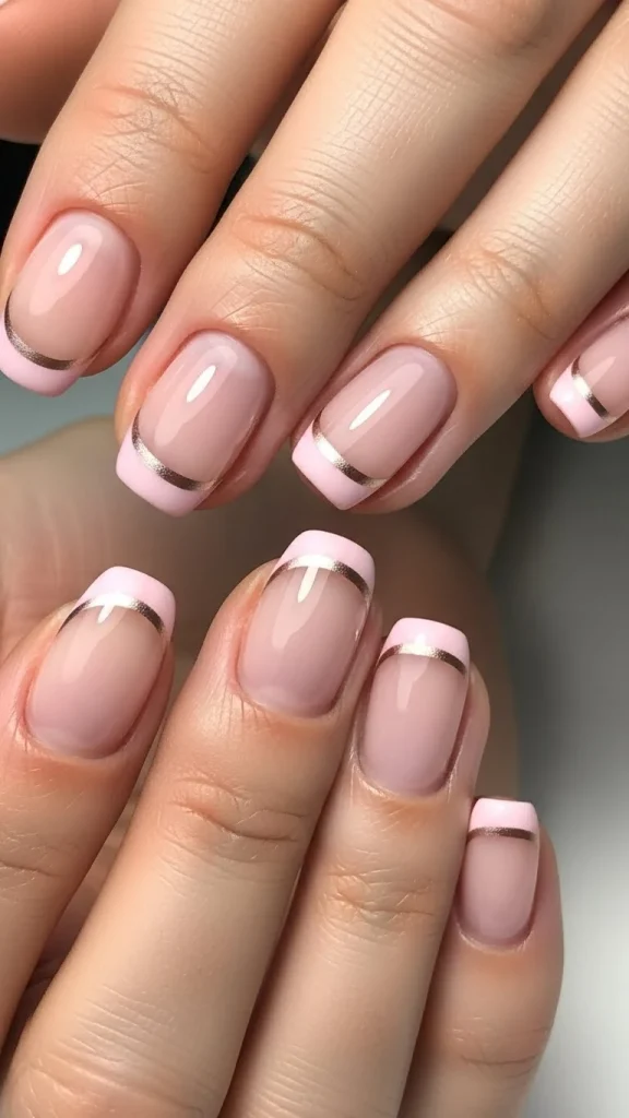 Minimal Pink French with Fine Metallic Striping