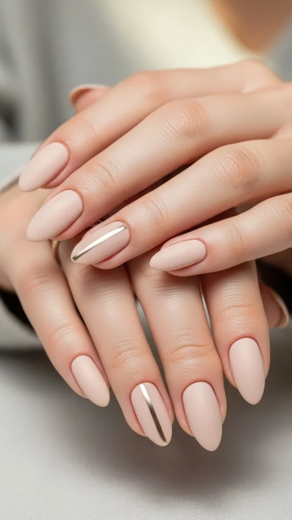 Neutral Nails with a Single Stripe Accent