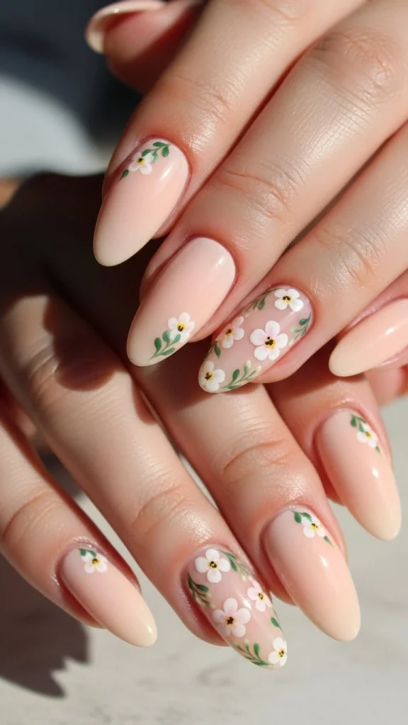 Peach Nails with Tiny Florals