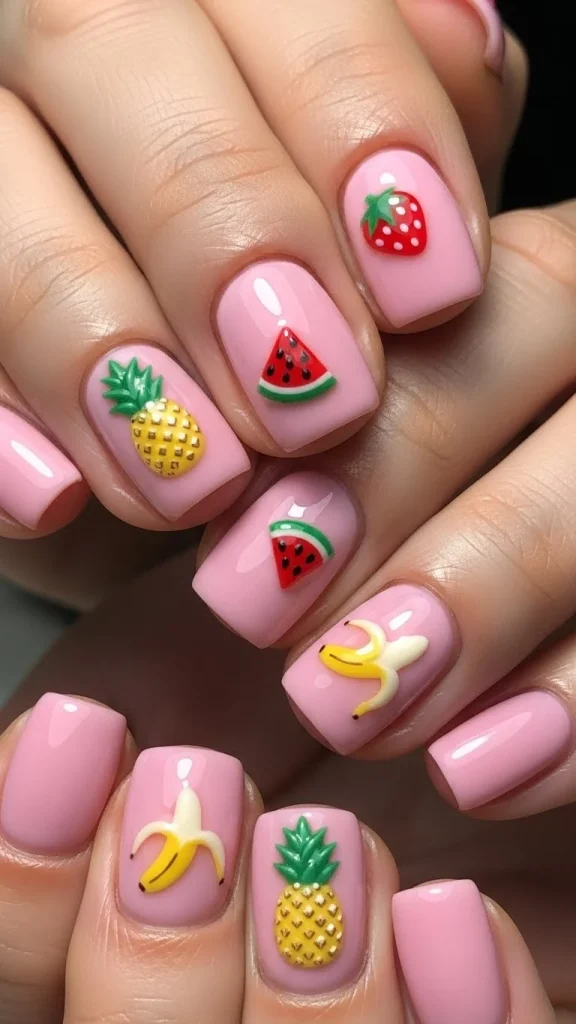 Pink Nails with Tiny Fruit Icons