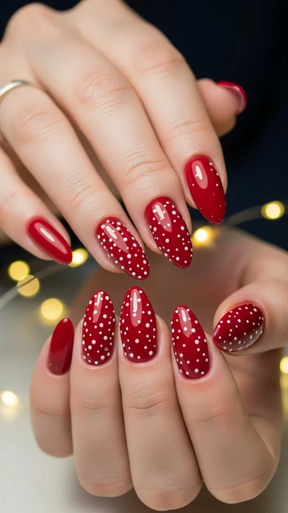 Red Holiday Nails with Micro Snow Dots