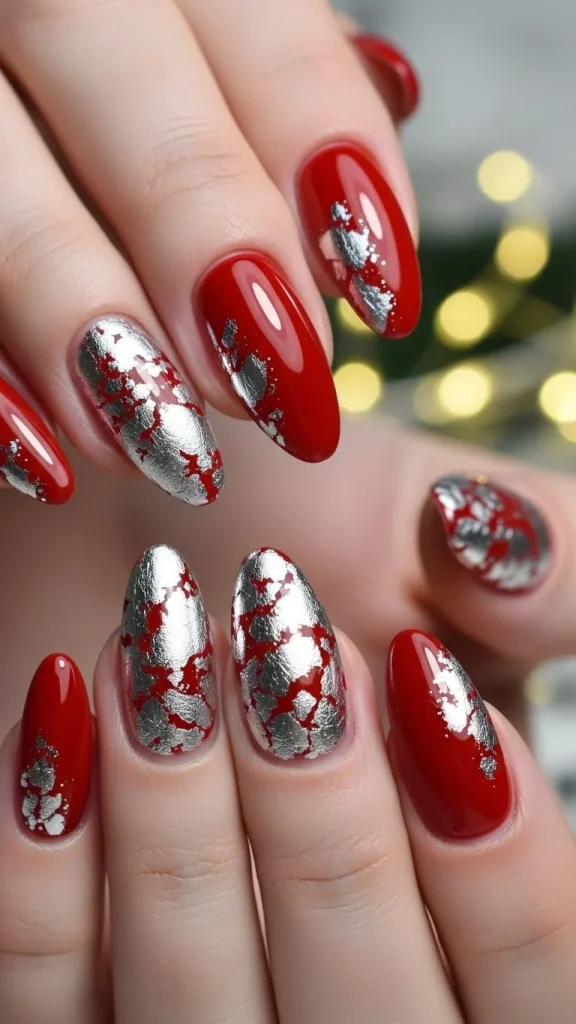 Red Holiday Nails with Silver Foil Touches