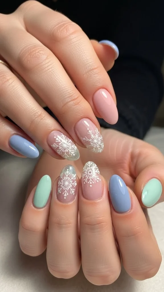 Snowflake Accent Nails with Soft Pastels