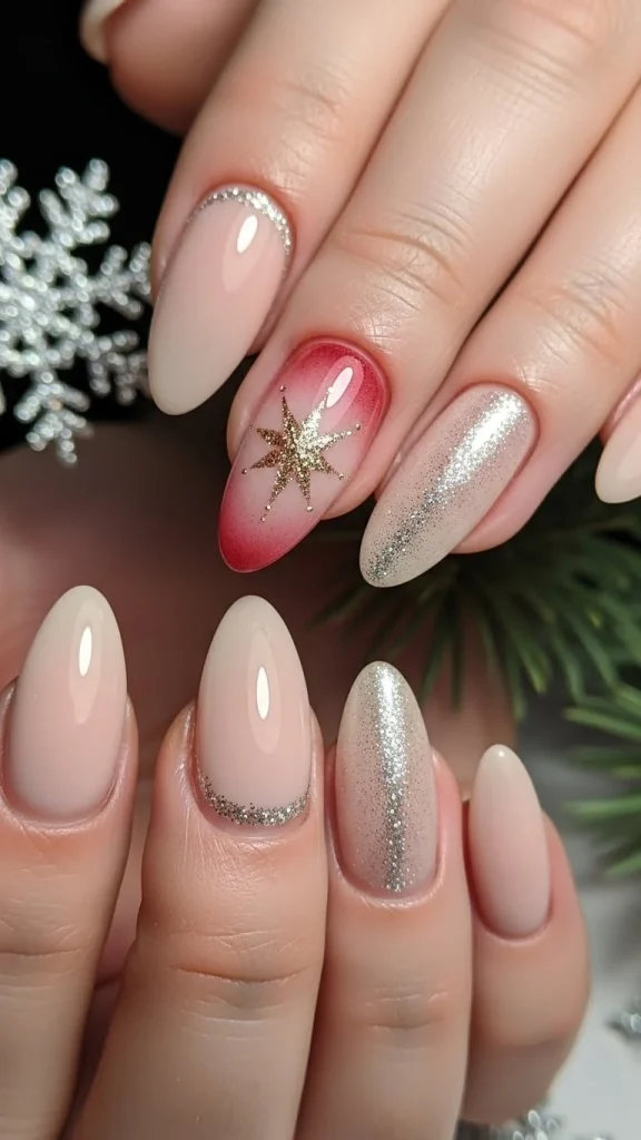 Soft Neutral Nails with a Holiday Accent