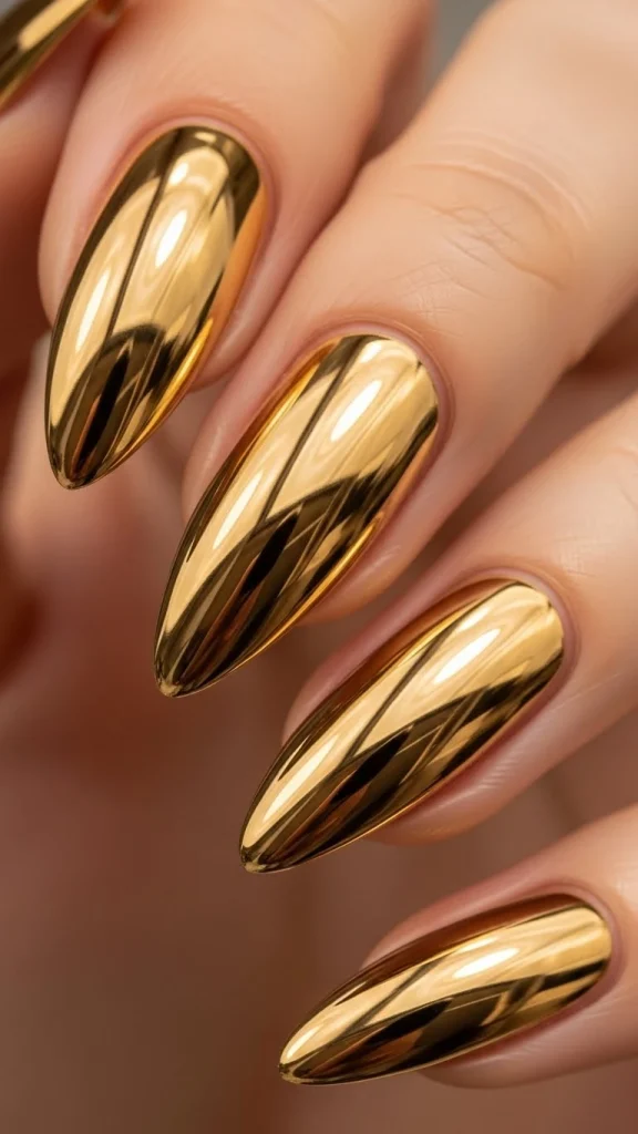 Warm Metallic Gold Nails with a Smooth Mirror Finish
