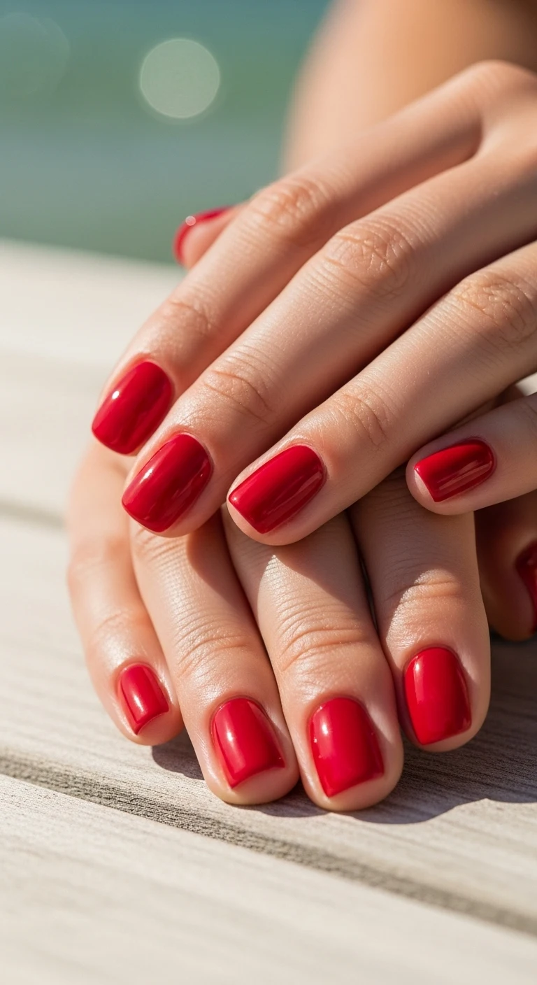 Glossy Cherry Red with Natural Nail Shape