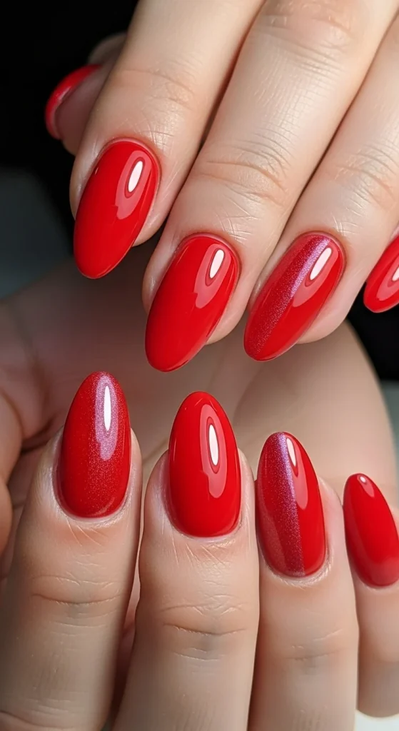 Glossy Red with One Accent Nail
