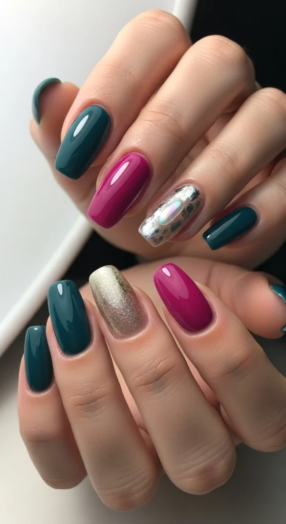 Glossy Solid Color with One Accent Nail