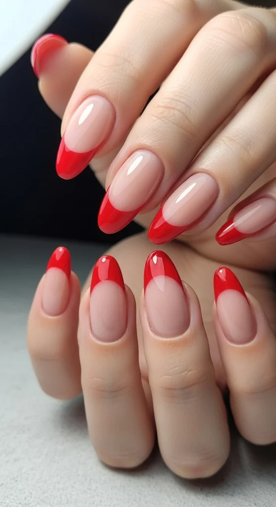 Red French Tips with a Soft Nude Base