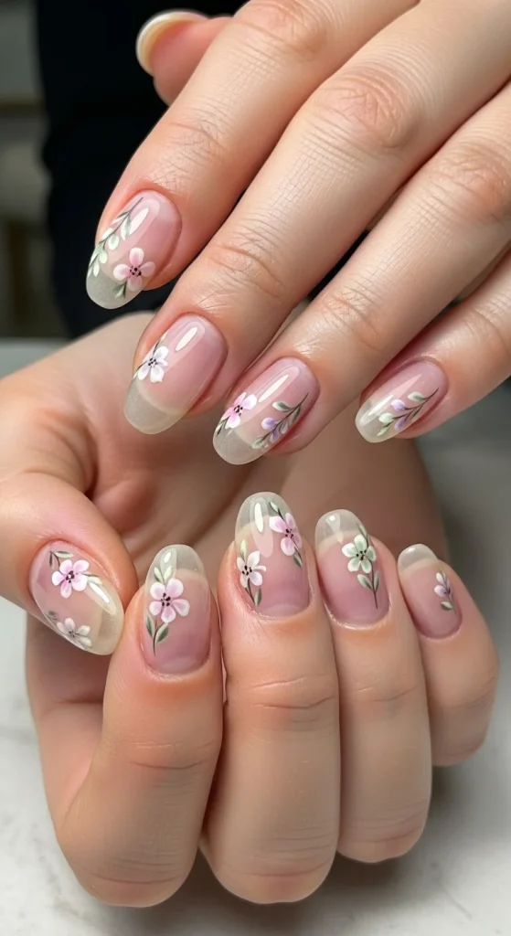 Clear Nails with Soft Floral Touches